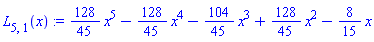 L[5, 1](x) := (128/45)*(x^5)-(128/45)*(x^4)-(104/45)*(x^3)+(128/45)*(x^2)-(8/15)*x