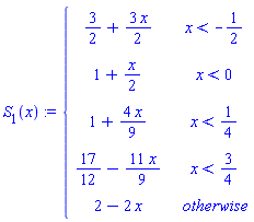 S[1](x):={[[3/2+(3 x)/(2),x<-1/2],[1+(x)/(2),x<0],[1+(4 x)/(9),x<1/4],[17/12-(11 x)/(9),x<3/4],[2-2 x,otherwise]]