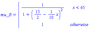piecewise(x < 65, 1/(1+(13/2-(1/10)*x)^2), 1)