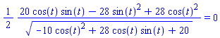 (1/2)*(20*cos(t)*sin(t)-28*sin(t)^2+28*cos(t)^2)/(-10*cos(t)^2+28*cos(t)*sin(t)+20)^(1/2) = 0
