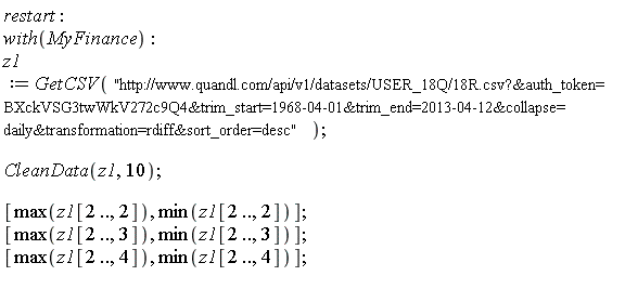 restart; with(MyFinance); z1 := GetCSV("http://www.quandl.com/api/v1/datasets/USER_18Q/18R.csv?&auth_token=BXckVSG3twWkV272c9Q4&trim_start=1968-04-01&trim_end=2013-04-12&collapse=daily&transformation=rdiff&sort_order=desc"); CleanData(z1, 10); [max(z1[2 .. (), 2]), min(z1[2 .. (), 2])]; [max(z1[2 .. (), 3]), min(z1[2 .. (), 3])]; [max(z1[2 .. (), 4]), min(z1[2 .. (), 4])]