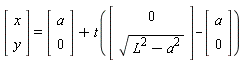 (Vector(2, {(1) = x, (2) = y})) = (Vector(2, {(1) = a, (2) = 0}))+t((Vector(2, {(1) = 0, (2) = sqrt(L^2-a^2)}))-(Vector(2, {(1) = a, (2) = 0})))