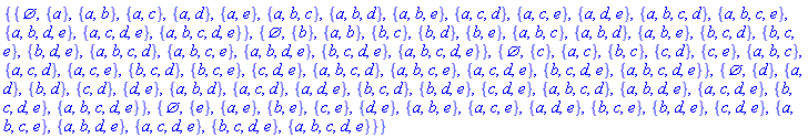 {{{}, {a}, {a, b}, {a, c}, {a, d}, {a, e}, {a, b, c}, {a, b, d}, {a, b, e}, {a, c, d}, {a, c, e}, {a, d, e}, {a, b, c, d}, {a, b, c, e}, {a, b, d, e}, {a, c, d, e}, {a, b, c, d, e}}, {{}, {b}, {a, b}, {b, c}, {b, d}, {b, e}, {a, b, c}, {a, b, d}, {a, b, e}, {b, c, d}, {b, c, e}, {b, d, e}, {a, b, c, d}, {a, b, c, e}, {a, b, d, e}, {b, c, d, e}, {a, b, c, d, e}}, {{}, {c}, {a, c}, {b, c}, {c, d}, {c, e}, {a, b, c}, {a, c, d}, {a, c, e}, {b, c, d}, {b, c, e}, {c, d, e}, {a, b, c, d}, {a, b, c, e}, {a, c, d, e}, {b, c, d, e}, {a, b, c, d, e}}, {{}, {d}, {a, d}, {b, d}, {c, d}, {d, e}, {a, b, d}, {a, c, d}, {a, d, e}, {b, c, d}, {b, d, e}, {c, d, e}, {a, b, c, d}, {a, b, d, e}, {a, c, d, e}, {b, c, d, e}, {a, b, c, d, e}}, {{}, {e}, {a, e}, {b, e}, {c, e}, {d, e}, {a, b, e}, {a, c, e}, {a, d, e}, {b, c, e}, {b, d, e}, {c, d, e}, {a, b, c, e}, {a, b, d, e}, {a, c, d, e}, {b, c, d, e}, {a, b, c, d, e}}}