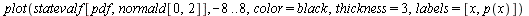 restart; -1; with(stats); -1; plot(statevalf[pdf, normald[0, 2]], -8 .. 8, color = black, thickness = 3, labels = [x, p(x)])