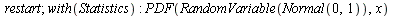 restart; 1; with(Statistics); -1; PDF(RandomVariable(Normal(0, 1)), x)