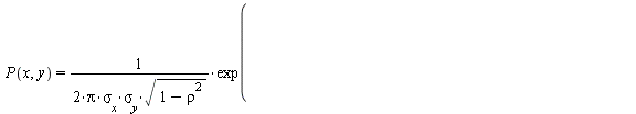P(x, y) = `*`(`/`(`+`(`*`(2, `*`(Pi, `*`(sigma[x], `*`(sigma[y], `*`(sqrt(`+`(1, `-`(`*`(`^`(rho, 2)))))))))))), `*`(exp(`+`(`-`(`/`(`*`(`+`(`/`(`*`(`^`(`+`(x, `-`(mu[x])), 2)), `*`(`^`(sigma[x], 2)))...