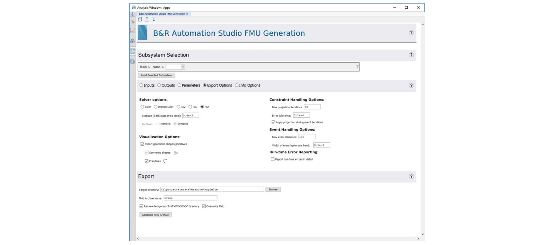 The B&R Automation Studio FMU Generation App.