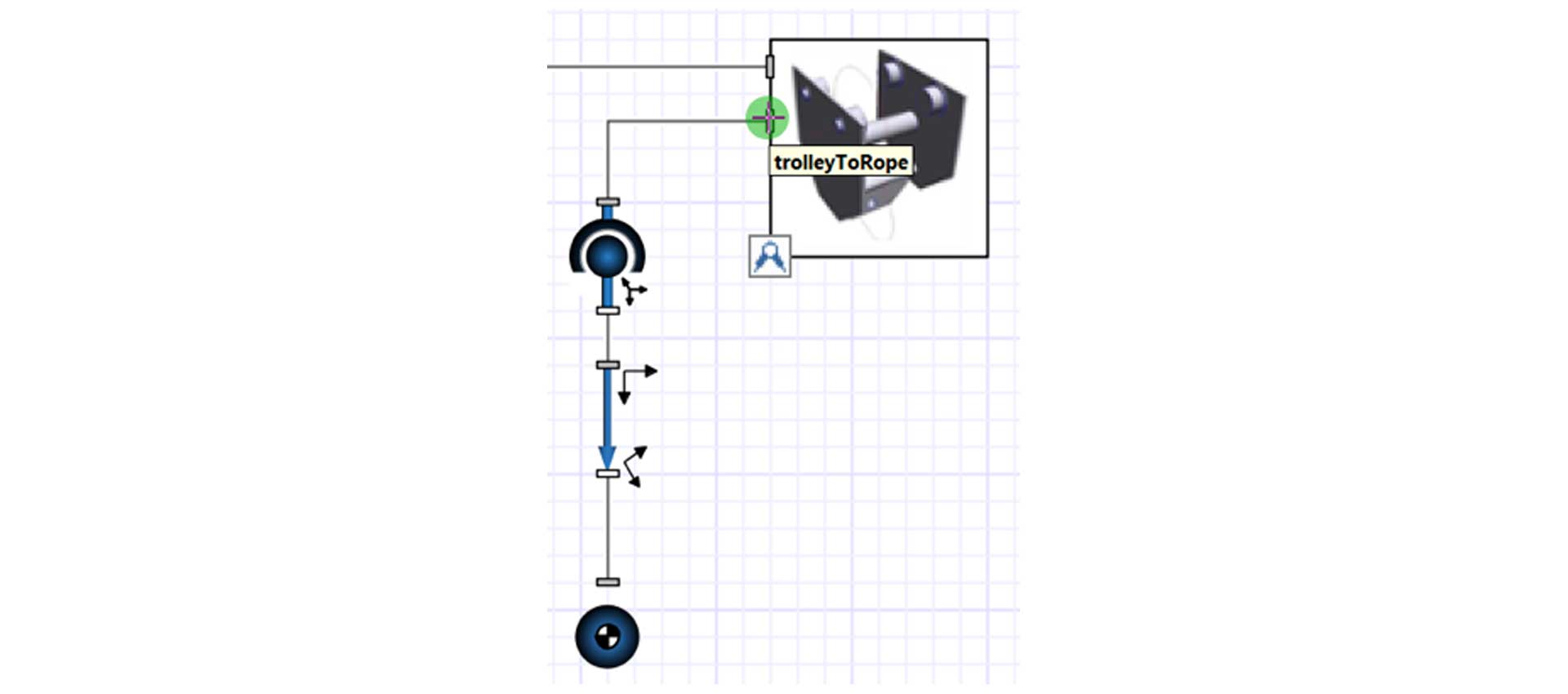 A part of the MapleSim model showing the combination of different physical parts.