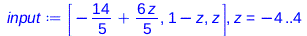 Typesetting:-mprintslash([input := [`+`(`-`(`/`(14, 5)), `*`(`/`(6, 5), `*`(z))), `+`(1, `-`(z)), z], z = -4 .. 4], [[`+`(`-`(`/`(14, 5)), `*`(`/`(6, 5), `*`(z))), `+`(1, `-`(z)), z], z = -4 .. 4])