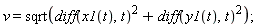 v = sqrt((diff(x1(t), t))^2+(diff(y1(t), t))^2);