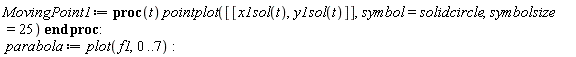 MovingPoint1 := proc (t) pointplot([[x1sol(t), y1sol(t)]], symbol = solidcircle, symbolsize = 25) end proc: