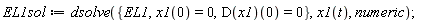 EL1sol := dsolve({EL1, x1(0) = 0, (D(x1))(0) = 0}, x1(t), numeric);