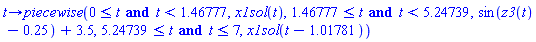 proc (t) options operator, arrow; piecewise(0 <= t and t < 1.46777, x1sol(t), 1.46777 <= t and t < 5.24739, sin(z3(t)-.25)+3.5, 5.24739 <= t and t <= 7, x1sol(t-1.01781)) end proc