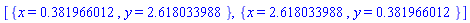 [{x = .381966012, y = 2.618033988}, {x = 2.618033988, y = .381966012}]