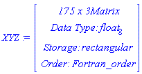XYZ := Matrix(175, 3, {(1, 1) = -5.9397834511560035, (1, 2) = -33.30916867431452, (1, 3) = -1639.7773014607262, (2, 1) = -17.868429349219618, (2, 2) = 15.074322451528488, (2, 3) = -314.2340700828792, (3, 1) = 28.36021487030426, (3, 2) = -33.7306549047331, (3, 3) = -1240.0533844232964, (4, 1) = -3.5722776429291585, (4, 2) = -16.66383185978998, (4, 3) = -546.3177546314236, (5, 1) = -.7484994433608634, (5, 2) = 18.70312215449536, (5, 3) = -131.90366425272734, (6, 1) = -36.58876351596092, (6, 2) = -31.171655455808555, (6, 3) = 427.1851926502871, (7, 1) = 38.485425981832904, (7, 2) = -3.6798890112897595, (7, 3) = 178.8978185967439, (8, 1) = -6.43421429833446, (8, 2) = -46.988949786990055, (8, 3) = -2857.6252737193117, (9, 1) = 44.0744474586329, (9, 2) = 6.471976104643062, (9, 3) = -500.37161340637516, (10, 1) = 3.5528192204783835, (10, 2) = 20.279178825823692, (10, 3) = -89.9296874536325, (11, 1) = -31.98817291819498, (11, 2) = -44.09303555020641, (11, 3) = -1552.963605161339, (12, 1) = 11.94512944171207, (12, 2) = 34.52492315165037, (12, 3) = -904.246409274692, (13, 1) = -22.08294133479192, (13, 2) = 40.11415521123874, (13, 3) = -1785.9653108321188, (14, 1) = -14.165626604488722, (14, 2) = -42.43695918979582, (14, 3) = -2092.0518860098678, (15, 1) = 7.525314821404216, (15, 2) = -2.4748480808763915, (15, 3) = -64.79048392275945, (16, 1) = 48.180985819176385, (16, 2) = 45.51084236436657, (16, 3) = -2702.041370724159, (17, 1) = 43.962663649880014, (17, 2) = 40.72421352877798, (17, 3) = -2530.463015776251, (18, 1) = -7.499443803723757, (18, 2) = -26.74285387275168, (18, 3) = -930.8951217626627, (19, 1) = 44.693060280275105, (19, 2) = -24.457213766703934, (19, 3) = 438.6543357909289, (20, 1) = -26.659102270945045, (20, 2) = .28761330559562737, (20, 3) = -56.31847001727824, (21, 1) = 20.633137559891836, (21, 2) = 8.166547456990983, (21, 3) = -13.914002874267283, (22, 1) = -7.672957431089856, (22, 2) = 38.908357331462014, (22, 3) = -1045.787782715187, (23, 1) = -3.275939203132573, (23, 2) = 8.171686424023086, (23, 3) = -14.687281577590937, (24, 1) = -21.89669204971947, (24, 2) = 11.560717254624663, (24, 3) = -534.5266426362529, (25, 1) = 6.612601233610604, (25, 2) = -34.9168758051168, (25, 3) = -1824.1283561252046, (26, 1) = -26.384850342152266, (26, 2) = -41.065183788955935, (26, 3) = -1284.9271639379292, (27, 1) = -47.34439744848436, (27, 2) = 36.68935586505536, (27, 3) = -3677.017197303269, (28, 1) = -28.30846296295586, (28, 2) = 36.68471571193558, (28, 3) = -1983.58426457367, (29, 1) = 48.95625501536291, (29, 2) = -.37503160711066386, (29, 3) = -18.098062378953657, (30, 1) = 15.137987923406229, (30, 2) = 28.81300719664094, (30, 3) = -671.2775454152537, (31, 1) = -.5440739863845394, (31, 2) = 9.229046996076008, (31, 3) = 7.178062567897168, (32, 1) = 42.1014773837212, (32, 2) = .7146210632886749, (32, 3) = 39.14593989962606, (33, 1) = -12.988465460624766, (33, 2) = 39.978548735345115, (33, 3) = -1298.4690486469074, (34, 1) = -6.2161508110094275, (34, 2) = -9.0889210884732, (34, 3) = -75.51433595132357, (35, 1) = -16.27923575004496, (35, 2) = 48.74007364786482, (35, 3) = -2207.015001204474, (36, 1) = -4.937739120894655, (36, 2) = 31.88430857988979, (36, 3) = -806.225147761428, (37, 1) = -16.72717497230873, (37, 2) = 18.891087232740333, (37, 3) = -606.372606575046, (38, 1) = 38.87147386992666, (38, 2) = -22.318033166863728, (38, 3) = 126.77959922471854, (39, 1) = 30.500171169708494, (39, 2) = -24.207797806982644, (39, 3) = -245.81268463603462, (40, 1) = 9.895804782525353, (40, 2) = 25.23134614239997, (40, 3) = -356.1795900168158, (41, 1) = -19.284928142719295, (41, 2) = .762457552807092, (41, 3) = -151.62384648265908, (42, 1) = 7.639476243356249, (42, 2) = -31.325996501239505, (42, 3) = -1473.5397452623336, (43, 1) = 23.57238884746056, (43, 2) = 26.831192892791208, (43, 3) = -649.3195959718685, (44, 1) = 27.43634927606996, (44, 2) = 39.39925103104089, (44, 3) = -1638.3967847926779, (45, 1) = 29.120929355982014, (45, 2) = -18.796299348021293, (45, 3) = -462.5217677878645, (46, 1) = -25.85242918986953, (46, 2) = -25.63499075724228, (46, 3) = -117.25523836495987, (47, 1) = -35.216357714072274, (47, 2) = 49.848114708419985, (47, 3) = -3015.6334018742155, (48, 1) = -45.790012671222335, (48, 2) = 47.79980804442174, (48, 3) = -3668.5318772910464, (49, 1) = -29.39080871659413, (49, 2) = 6.136376421806602, (49, 3) = -316.9842594665352, (50, 1) = 24.75898544760051, (50, 2) = 39.2388783895492, (50, 3) = -1365.0658865372925, (51, 1) = -36.280691468006125, (51, 2) = -19.658076696029713, (51, 3) = 801.9332483741492, (52, 1) = -28.79321881266548, (52, 2) = -10.19163353561838, (52, 3) = 254.81536655434772, (53, 1) = -6.119839311369333, (53, 2) = -23.934959319196324, (53, 3) = -826.3283822499292, (54, 1) = -41.51509405703607, (54, 2) = -.696788488766245, (54, 3) = 125.21045066826119, (55, 1) = 19.089029155967935, (55, 2) = -49.48100921192676, (55, 3) = -3091.209267113026, (56, 1) = 32.534253616532965, (56, 2) = 6.348691349405335, (56, 3) = -412.9250387252797, (57, 1) = -27.368652336574996, (57, 2) = 9.189003181275446, (57, 3) = -575.8804118088524, (58, 1) = 24.313423217249493, (58, 2) = 22.415410877386506, (58, 3) = -283.5879791610079, (59, 1) = 48.32397446496999, (59, 2) = -16.989620247401014, (59, 3) = 828.7917817211008, (60, 1) = 28.151840785727515, (60, 2) = -7.299835142890068, (60, 3) = -196.44827330324782, (61, 1) = 14.467698057828798, (61, 2) = 6.000660569092275, (61, 3) = 24.771323818981255, (62, 1) = -19.61066483426348, (62, 2) = -13.489324154626438, (62, 3) = -135.6070188173254, (63, 1) = 48.24156024599195, (63, 2) = -19.991710063585877, (63, 3) = 646.3849933446089, (64, 1) = 27.259500997177796, (64, 2) = -24.346291699072086, (64, 3) = -471.7615065897811, (65, 1) = -28.01118954374504, (65, 2) = 41.50987401697708, (65, 3) = -2404.5405499882504, (66, 1) = 35.28364776480963, (66, 2) = 30.163948654191927, (66, 3) = -1423.460168262091, (67, 1) = -6.503212805696421, (67, 2) = 34.745422055693396, (67, 3) = -811.0042018993295, (68, 1) = -20.63700258854476, (68, 2) = 18.97943101198642, (68, 3) = -822.5883818552766, (69, 1) = 7.717275903251938, (69, 2) = 9.418283521126504, (69, 3) = 129.392096356843, (70, 1) = 38.33884960657137, (70, 2) = 22.25299954594817, (70, 3) = -1177.9964749555309, (71, 1) = 13.582679516907866, (71, 2) = -15.864858230069757, (71, 3) = -684.2246409261886, (72, 1) = -22.788433665249052, (72, 2) = -29.949297372352667, (72, 3) = -517.8015945064188, (73, 1) = 48.88785346313024, (73, 2) = 47.72368244638422, (73, 3) = -2902.0713517506833, (74, 1) = -36.016047879236645, (74, 2) = 11.700209313476364, (74, 3) = -1026.7976506580337, (75, 1) = 20.899387693542167, (75, 2) = 34.15429192688785, (75, 3) = -1024.1661125169667, (76, 1) = -13.261126076474582, (76, 2) = 31.483930701450973, (76, 3) = -1017.5167469350976, (77, 1) = -29.117571007720812, (77, 2) = .8138457149615945, (77, 3) = 9.641931228541566, (78, 1) = -13.635904112821905, (78, 2) = -33.79520535877385, (78, 3) = -1405.9904165849734, (79, 1) = 4.920447575533672, (79, 2) = 6.153229877222387, (79, 3) = -0.8941925074702539e-1, (80, 1) = 17.600062099552034, (80, 2) = 21.440590780893885, (80, 3) = -195.18252239682718, (81, 1) = -49.77646987473301, (81, 2) = -43.47648169450664, (81, 3) = 62.57111364500433, (82, 1) = -47.74124420865663, (82, 2) = -17.94769595305221, (82, 3) = 1534.1621545607134, (83, 1) = 35.72320975270978, (83, 2) = 19.538596486394994, (83, 3) = -923.3234512815852, (84, 1) = -4.7195416485422825, (84, 2) = -5.547220157244901, (84, 3) = -252.89497810024693, (85, 1) = -49.88163176564127, (85, 2) = 26.14394873643316, (85, 3) = -3400.3224870894496, (86, 1) = -46.91151752973853, (86, 2) = -19.965288471239994, (86, 3) = 1706.1479328193423, (87, 1) = -23.85609306304125, (87, 2) = -33.16908545450238, (87, 3) = -725.9270833516655, (88, 1) = -38.33004593761239, (88, 2) = -42.06127345789235, (88, 3) = -728.9771703001193, (89, 1) = 18.233380827431063, (89, 2) = -33.17909218939534, (89, 3) = -1651.0258327122287, (90, 1) = -29.194208291307845, (90, 2) = -39.73226336460086, (90, 3) = -1224.9898450801943, (91, 1) = 22.135852353243962, (91, 2) = 36.94558251605382, (91, 3) = -1105.1294459106039, (92, 1) = -27.83605960122658, (92, 2) = -.8403229434334136, (92, 3) = -53.793989191566794, (93, 1) = -16.175477185814543, (93, 2) = 19.988116226866353, (93, 3) = -594.5056170028219, (94, 1) = -26.852729792287533, (94, 2) = 16.659448499968192, (94, 3) = -971.2719353303916, (95, 1) = -22.276075293139296, (95, 2) = 24.409338994848866, (95, 3) = -955.8469696261711, (96, 1) = -48.25201033973238, (96, 2) = -23.7297560085032, (96, 3) = 1746.8930267119515, (97, 1) = 43.76360283321324, (97, 2) = 24.48810021583479, (97, 3) = -1566.7220603967799, (98, 1) = -19.685303961621127, (98, 2) = -40.31604083898945, (98, 3) = -1818.3068011800563, (99, 1) = -4.432935829824395, (99, 2) = -49.77492305297534, (99, 3) = -3024.646944279653, (100, 1) = 33.05926757131755, (100, 2) = -18.99175605036316, (100, 3) = -230.5069327651789, (101, 1) = -26.675830968826087, (101, 2) = 1.2196046968787613, (101, 3) = -163.98002051808783, (102, 1) = 37.49297729584808, (102, 2) = -28.991225491562044, (102, 3) = -317.8451695090786, (103, 1) = 26.360062021186224, (103, 2) = 3.5286642227915195, (103, 3) = -84.91345384591095, (104, 1) = 28.620475984565516, (104, 2) = -40.00431074525106, (104, 3) = -1684.573204494527, (105, 1) = -8.626071247568056, (105, 2) = 15.951150508812105, (105, 3) = -392.2975368890458, (106, 1) = -26.929832567733534, (106, 2) = 7.900566007404684, (106, 3) = -455.80866144149377, (107, 1) = 41.454303764346946, (107, 2) = -42.34107621691355, (107, 3) = -1342.3834060337597, (108, 1) = 38.791224381823824, (108, 2) = -28.31336623236411, (108, 3) = -254.1598498045391, (109, 1) = -23.700186647475864, (109, 2) = 6.71525167411815, (109, 3) = -178.66610998484649, (110, 1) = 46.477611093838874, (110, 2) = 38.46706283750727, (110, 3) = -2705.762316789356, (111, 1) = 1.4217703260267527, (111, 2) = -9.864148537849935, (111, 3) = -413.5541673382436, (112, 1) = 5.499362979332091, (112, 2) = 34.976437451849264, (112, 3) = -717.4362586609559, (113, 1) = 3.6187080878030002, (113, 2) = -36.71009977415402, (113, 3) = -2000.3771648775985, (114, 1) = -28.147198931011975, (114, 2) = 18.13156528619308, (114, 3) = -962.4107423461998, (115, 1) = -31.107277485465545, (115, 2) = -40.623203690427275, (115, 3) = -1185.2281195817227, (116, 1) = -8.964077624733036, (116, 2) = 20.598541957230836, (116, 3) = -350.7073584536123, (117, 1) = 37.18147531771547, (117, 2) = -2.9258496667399996, (117, 3) = 87.01297650910561, (118, 1) = 45.098712621274345, (118, 2) = 41.46878885405599, (118, 3) = -2416.0725299578176, (119, 1) = 18.530469991250342, (119, 2) = 18.068451626665365, (119, 3) = -225.14447770301837, (120, 1) = -40.40806444616981, (120, 2) = -31.625422580892028, (120, 3) = 807.4618416795008, (121, 1) = 36.305542383815904, (121, 2) = -21.417015738157374, (121, 3) = -91.59004972339035, (122, 1) = -8.041948659341301, (122, 2) = -48.87395247518933, (122, 3) = -2971.5321820333656, (123, 1) = -26.927805093607983, (123, 2) = -4.4109083538223715, (123, 3) = 145.31707650647553, (124, 1) = -7.196909475471315, (124, 2) = -12.257023562892734, (124, 3) = -387.66640392756045, (125, 1) = -27.686901412414635, (125, 2) = 26.420134933231708, (125, 3) = -1680.297175428206, (126, 1) = 15.199054629734462, (126, 2) = -11.311430544310063, (126, 3) = -353.78334258654286, (127, 1) = -16.84422177189576, (127, 2) = 33.074704558544184, (127, 3) = -1191.7595197925857, (128, 1) = 19.884634702794415, (128, 2) = 43.767772748804816, (128, 3) = -1449.0611783674335, (129, 1) = -1.071360318503345, (129, 2) = -19.482144254980184, (129, 3) = -462.6606723222883, (130, 1) = 30.962134410311265, (130, 2) = -36.05342079524713, (130, 3) = -1294.2451937703152, (131, 1) = 44.94468436804702, (131, 2) = 32.164005357049604, (131, 3) = -2285.7203406348963, (132, 1) = 20.263274894305894, (132, 2) = -25.49918089097787, (132, 3) = -950.5069672824037, (133, 1) = -42.160336872399384, (133, 2) = 38.50886618808529, (133, 3) = -3225.0367695336545, (134, 1) = -38.92689885495895, (134, 2) = 41.40359286768721, (134, 3) = -2826.6302667372397, (135, 1) = 12.566517896903427, (135, 2) = -40.88165553811164, (135, 3) = -2272.333193061874, (136, 1) = 4.154850939941888, (136, 2) = .17363288219475237, (136, 3) = 158.90720314219757, (137, 1) = -44.3994170693485, (137, 2) = -29.4885971159339, (137, 3) = 1069.64804909218, (138, 1) = -44.658519534617035, (138, 2) = 37.96463358446917, (138, 3) = -3386.398286267373, (139, 1) = 7.1870512257623105, (139, 2) = -25.519931950218965, (139, 3) = -1118.9693520468024, (140, 1) = 44.592863254078765, (140, 2) = 32.4461432284147, (140, 3) = -2126.371529313945, (141, 1) = 26.233067266834254, (141, 2) = 14.271200339549196, (141, 3) = -340.3834511232196, (142, 1) = -43.30419756620112, (142, 2) = 32.606764802159304, (142, 3) = -3047.34689430829, (143, 1) = -42.70669636331128, (143, 2) = -34.0143424107332, (143, 3) = 760.5572713592038, (144, 1) = -32.63054188520222, (144, 2) = 46.5490641455185, (144, 3) = -2527.26345978372, (145, 1) = -46.87044518386556, (145, 2) = -11.824825942762082, (145, 3) = 1309.408257475229, (146, 1) = 33.28525140586305, (146, 2) = -28.814793930999784, (146, 3) = -522.5474268641441, (147, 1) = -8.123901972182779, (147, 2) = -34.00582701115552, (147, 3) = -1388.3560545469172, (148, 1) = -16.491248468822896, (148, 2) = 4.139801952739695, (148, 3) = -24.949954012455308, (149, 1) = 48.96240824356208, (149, 2) = 44.25761676582627, (149, 3) = -2838.225614673019, (150, 1) = -21.15105896355042, (150, 2) = -7.959115594228372, (150, 3) = 60.36595914283298, (151, 1) = 19.820004205652836, (151, 2) = -7.744224994147039, (151, 3) = -206.25279670134714, (152, 1) = 1.257062051065951, (152, 2) = 44.993197086159725, (152, 3) = -1537.3620392499417, (153, 1) = 21.077423355166786, (153, 2) = -23.55228327354839, (153, 3) = -664.5597120920124, (154, 1) = -42.512982412856324, (154, 2) = -20.028981526360333, (154, 3) = 1295.1818590503422, (155, 1) = -21.678824753517524, (155, 2) = -3.805445357881034, (155, 3) = 70.42723850422766, (156, 1) = -49.277744362895326, (156, 2) = -19.529429443465073, (156, 3) = 1776.9274722649077, (157, 1) = -4.84529942907843, (157, 2) = 19.03429531941036, (157, 3) = -151.56806900959097, (158, 1) = 2.8001279793995906, (158, 2) = -11.132712862056536, (158, 3) = -335.1509230804099, (159, 1) = 18.70105488290949, (159, 2) = -4.771820882044729, (159, 3) = -98.2700775059379, (160, 1) = 12.422342510055259, (160, 2) = 34.01384964839731, (160, 3) = -814.8126668250393, (161, 1) = -21.639929411177196, (161, 2) = -47.86995232681157, (161, 3) = -2436.445568354756, (162, 1) = 26.84103238006476, (162, 2) = -41.55411558200524, (162, 3) = -1891.260119561242, (163, 1) = -9.573010858952678, (163, 2) = -10.029261836482938, (163, 3) = -213.23159650973543, (164, 1) = -40.74906935624335, (164, 2) = 43.677291454211925, (164, 3) = -3091.575932677467, (165, 1) = 18.556687383653838, (165, 2) = 31.29427124889098, (165, 3) = -711.0275183508754, (166, 1) = -35.24016028732198, (166, 2) = -11.065164547743855, (166, 3) = 652.2250157858072, (167, 1) = -21.45882263850103, (167, 2) = -2.6256864172080085, (167, 3) = -60.541868676197836, (168, 1) = 49.58671125602973, (168, 2) = -1.174292867475998, (168, 3) = 174.79296219019562, (169, 1) = -46.50772820042859, (169, 2) = -36.3499315759516, (169, 3) = 749.8102905319306, (170, 1) = -11.402490165222886, (170, 2) = 44.93506176554554, (170, 3) = -1684.6113502432145, (171, 1) = 7.868921388519425, (171, 2) = 6.353728977902797, (171, 3) = -13.997636036034633, (172, 1) = 9.450866200908777, (172, 2) = 5.138754638444475, (172, 3) = 5.854563048414562, (173, 1) = 40.68626277665878, (173, 2) = 44.34216772941707, (173, 3) = -2475.205899949261, (174, 1) = -2.6751846186269006, (174, 2) = 20.742211573151437, (174, 3) = -136.6474275250191, (175, 1) = 22.801039285581723, (175, 2) = -27.971627419697864, (175, 3) = -918.081796377342}, datatype = float[8])