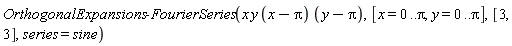 OrthogonalExpansions:-FourierSeries(x*y*(x-Pi)*(y-Pi), [x = 0 .. Pi, y = 0 .. Pi], [3, 3], series = sine)