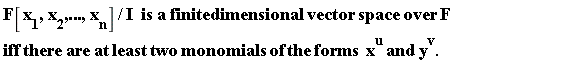 "F[x[1],x[2],...,x[n]]/I  is a finitedimensional vector space over F iff there are at least two monomials of the forms  x^(u) and y^(v)."
