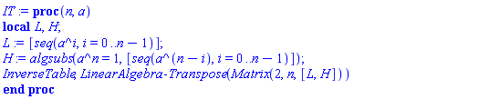 proc (n, a) local L, H; L := [seq(a^i, i = 0 .. n-1)]; H := algsubs(a^n = 1, [seq(a^(n-i), i = 0 .. n-1)]); InverseTable, LinearAlgebra:-Transpose(Matrix(2, n, [L, H])) end proc