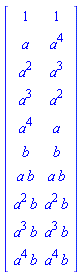 Matrix([[1, 1], [a, a^4], [a^2, a^3], [a^3, a^2], [a^4, a], [b, b], [a*b, a*b], [a^2*b, a^2*b], [a^3*b, a^3*b], [a^4*b, a^4*b]])