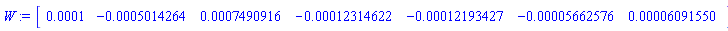 W := Vector[row](7, {(1) = 0.1e-3, (2) = -0.5014264e-3, (3) = 0.7490916e-3, (4) = -0.12314622e-3, (5) = -0.12193427e-3, (6) = -0.5662576e-4, (7) = 0.6091550e-4})