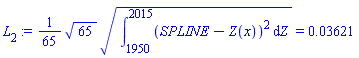 L[2] := (1/65)*(65^(1/2)*(Int((SPLINE-Z(x))^2, Z = 1950 .. 2015))^(1/2)) = 0.3621e-1