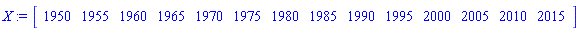 X := Vector[row](14, {(1) = 1950, (2) = 1955, (3) = 1960, (4) = 1965, (5) = 1970, (6) = 1975, (7) = 1980, (8) = 1985, (9) = 1990, (10) = 1995, (11) = 2000, (12) = 2005, (13) = 2010, (14) = 2015})