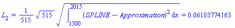 L[2] := (1/515)*(515^(1/2)*(Int((SPLINE-Approximation)^2, x = 1500 .. 2015))^(1/2)) = 0.6103774163e-1