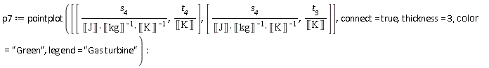 p7 := pointplot([[s__4*Unit('kg')*Unit('K')/Unit('J'), t__4/Unit('K')], [s__4*Unit('kg')*Unit('K')/Unit('J'), t__3/Unit('K')]], connect = true, thickness = 3, color = "Green", legend = "Gas turbine")