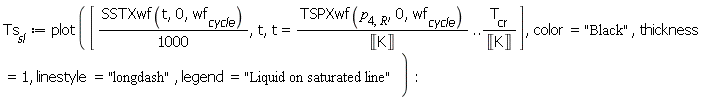Ts[sl] := plot([Units:-Standard:-`*`(SSTXwf(t, 0, wf[cycle]), Units:-Standard:-`/`(1000)), t, t = Units:-Standard:-`*`(TSPXwf(p[4, R], 0, wf[cycle]), Units:-Standard:-`/`(Unit('K'))) .. Units:-Standard:-`*`(T[cr], Units:-Standard:-`/`(Unit('K')))], color = "Black", thickness = 1, linestyle = "longdash", legend = "Liquid on saturated line"):