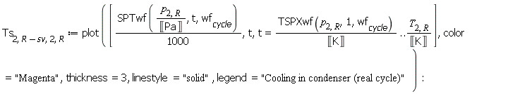Ts[2, Units:-Standard:-`+`(R, Units:-Standard:-`-`(sv)), 2, R] := plot([Units:-Standard:-`*`(SPTwf(Units:-Standard:-`*`(p[2, R], Units:-Standard:-`/`(Unit('Pa'))), t, wf[cycle]), Units:-Standard:-`/`(1000)), t, t = Units:-Standard:-`*`(TSPXwf(p[2, R], 1, wf[cycle]), Units:-Standard:-`/`(Unit('K'))) .. Units:-Standard:-`*`(T[2, R], Units:-Standard:-`/`(Unit('K')))], color = "Magenta", thickness = 3, linestyle = "solid", legend = "Cooling in condenser (real cycle)"):