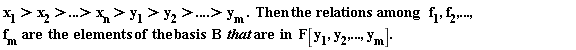 "x[1]>x[2]>...>x[n]>y[1]>y[2]>....>y[m] .  Then the  relations  among   f[1],f[2],...,f[m ] are  the  elements  of  the basis  B  that are  in  F[y[1],y[2],...,y[m]]."