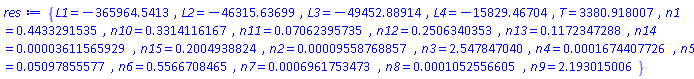 {L1 = -365964.5413, L2 = -46315.63699, L3 = -49452.88914, L4 = -15829.46704, T = 3380.918007, n1 = .4433291535, n10 = .3314116167, n11 = 0.7062395735e-1, n12 = .2506340353, n13 = .1172347288, n14 = 0.3611565929e-4, n15 = .2004938824, n2 = 0.9558768857e-4, n3 = 2.547847040, n4 = 0.1674407726e-3, n5 = 0.5097855577e-1, n6 = .5566708465, n7 = 0.6961753473e-3, n8 = 0.1052556605e-3, n9 = 2.193015006}