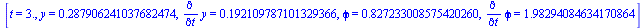 [t = 3., y = .287906241037682474, diff(y, t) = .192109787101329366, phi = .827233008575420260, diff(phi, t) = 1.98294084634170864]