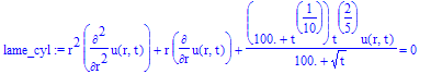 lame_cyl := r^2*diff(u(r,t),`$`(r,2))+r*diff(u(r,t),r)+(100.+t^(1/10))*t^(2/5)/(100.+t^(1/2))*u(r,t) = 0
