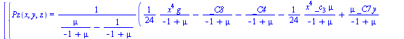 [{Pz(x, y, z) = `/`(`*`(`+`(`/`(`*`(`/`(1, 24), `*`(`^`(x, 4), `*`(g))), `*`(`+`(`-`(1), mu))), `-`(`/`(`*`(_C8), `*`(`+`(`-`(1), mu)))), `-`(`/`(`*`(_C4), `*`(`+`(`-`(1), mu)))), `-`(`/`(`*`(`/`(1, 2...