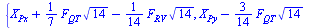 {`+`(X[Px], `*`(`/`(1, 7), `*`(F[QT], `*`(`^`(14, `/`(1, 2))))), `-`(`*`(`/`(1, 14), `*`(F[RV], `*`(`^`(14, `/`(1, 2))))))), `+`(X[Py], `-`(`*`(`/`(3, 14), `*`(F[QT], `*`(`^`(14, `/`(1, 2)))))), `-`(`...