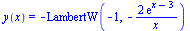 y(x) = `+`(`-`(LambertW(-1, `+`(`-`(`/`(`*`(2, `*`(exp(`+`(x, `-`(3))))), `*`(x)))))))
