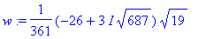 w := 1/361*(-26+3*I*sqrt(687))*sqrt(19)