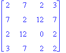 matrix([[2, 7, 2, 3], [7, 2, 12, 7], [2, 12, 0, 2],...