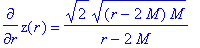 diff(z(r),r) = sqrt(2)*sqrt((r-2*M)*M)/(r-2*M)