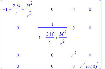 matrix([[-1+2*M/r-M^2/(r^2), 0, 0, 0], [0, 1/(1-2*M...