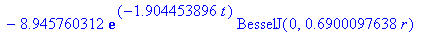 sol := 70.91342475*exp(-.3614491228*t)*BesselJ(0,.3006031948*r)-8.945760312*exp(-1.904453896*t)*BesselJ(0,.6900097638*r)+2.910494148*exp(-4.680437924*t)*BesselJ(0,1.081715989*r)-1.343417750*exp(-8.6900...