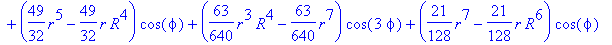 u(x,y) = (79/8*r^3-79/8*r*R^2)*sin(phi)+(-7/3*R^2*r^2+7/3*r^4)*sin(2*phi)+(-49/64*r^3*R^2+49/64*r^5)*cos(3*phi)+(49/32*r^5-49/32*r*R^4)*cos(phi)+(63/640*r^3*R^4-63/640*r^7)*cos(3*phi)+(21/128*r^7-21/12...