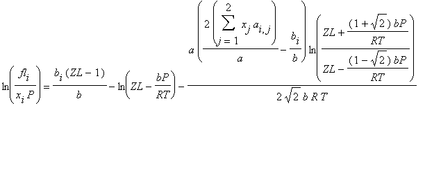 ln(fl[i]/(x[i]*P)) = b[i]*(ZL-1)/b-ln(ZL-bP/RT)-a*(...