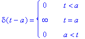 delta(t-a) = PIECEWISE([0, t < a],[infinity, t = a]...