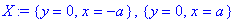 X := {y = 0, x = -a}, {y = 0, x = a}