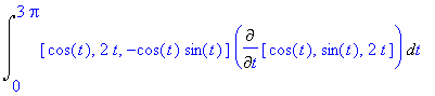 Int([cos(t), 2*t, -cos(t)*sin(t)]*Diff([cos(t), sin...