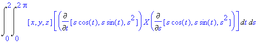 Int(Int([x, y, z]*[Diff([s*cos(t), s*sin(t), s^2],t...