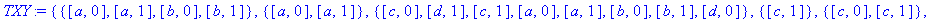 TXY := {{[a, 0], [a, 1], [b, 0], [b, 1]}, {[a, 0], ...