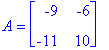 A = matrix([[-9, -6], [-11, 10]])